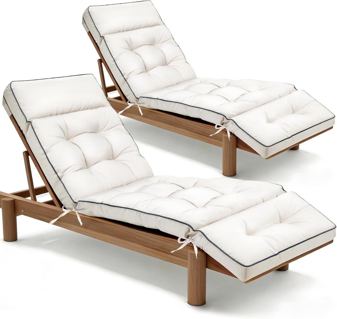 MAGIC ELEPHANT Chaise Lounge Cushion Outdoor Set of 2, Memory Foam Replacement Patio Pool Lounge Chair Cushion with Ties for Outdoor Furniture, 74 x 22 x 4 Inch (Antique White)