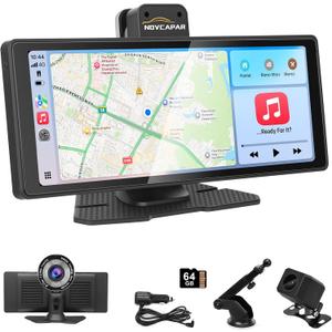 10.26" Wireless Carplay Screen for Car,Portable CarPlay&Android Auto,4K Dash Cam,1080P Backup Camera,Touchscreen with GPS Navigation,Voice Control, Bluetooth,Mirror Link,AUX/FM