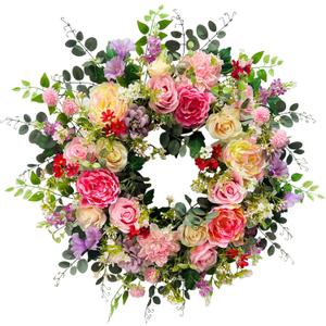 Svndlyn 24 Inch Spring Summer Wreath for Front Door Outside Artificial Peonies Rose Flowers Morning Glory Mixed Flowers for Outdoor Front Door Indoor Wedding Wall Window Dcor All Season