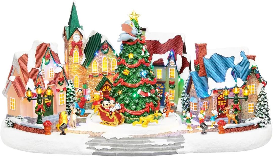MOMENTS IN TIME Animated Disney Holiday Town Scene 10.5 Christmas Tree Christmas Village, LED Lights, Music & Motion Handcrafted Polyresin Village Power Adapter Included