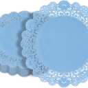 Pastry Tek 12 x 12 Inch Paper Lace Doilies, 100 Disposable Table Doilies - Elegant Lace Finish, Long Lasting, Sky Blue Paper Doily, for Pastries, Cupcakes, Desserts - Restaurant ware