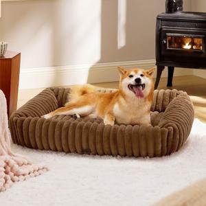 Bedsure ComfyFleece Cute Dog Bed for Large Dogs - Washable Furry Puppy Beds, Rectangle Orthopedic Corduroy Fleece Pet Beds with Removable Zipper Cover, 36x27x8inches, Camel Brown