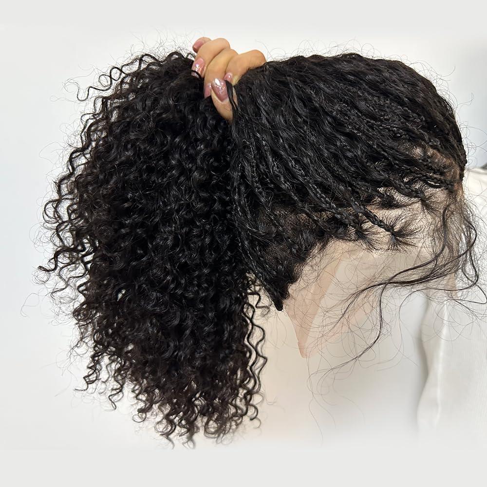 HD Full Lace Braid Wig Human Hair Boho Box Braided Wig Square Parted Knotless Braided Wigs for Black Women Human Hair Lace Wigs with Natural Baby Hair 18 Inch