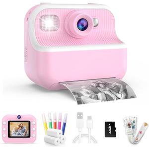 Kids Camera Instant Print,1080P HD Dual Lens Selfie Camera Toys for Girls & Boys Ages 3-12, Instant Photo Printing with 3 Rolls of Paper & 32GB Card, Christmas Birthday Gift for Toddlers (Pink)