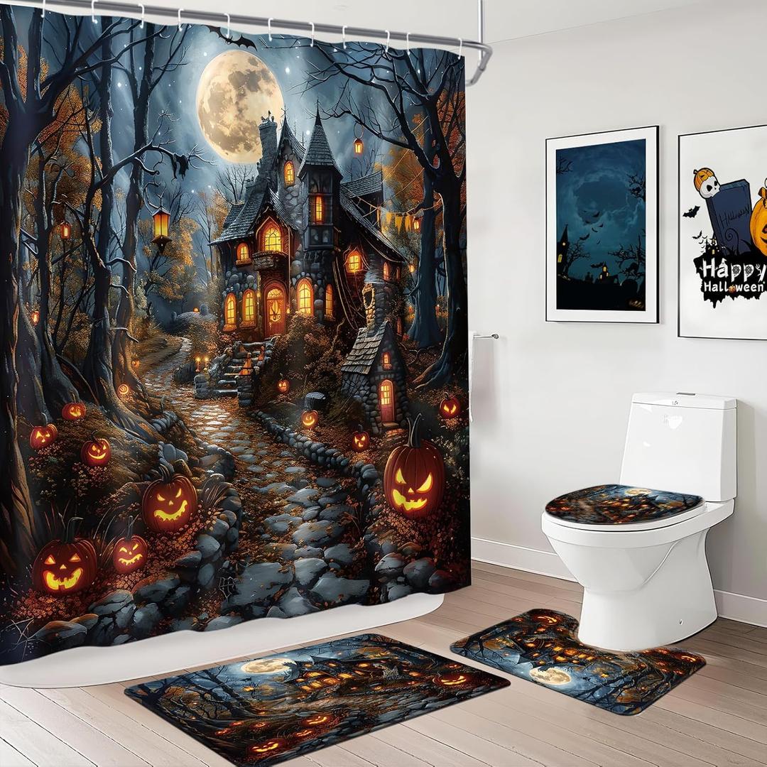 MEHOFOND Halloween Shower Curtain Sets 4Pcs with Shower Curtain,Non-Slip Rugs,Toilet Lid Cover, Bath Mat and 12 Hooks Castle Moon Night Scary Evil Pumpkin Halloween Bathroom Decor Set