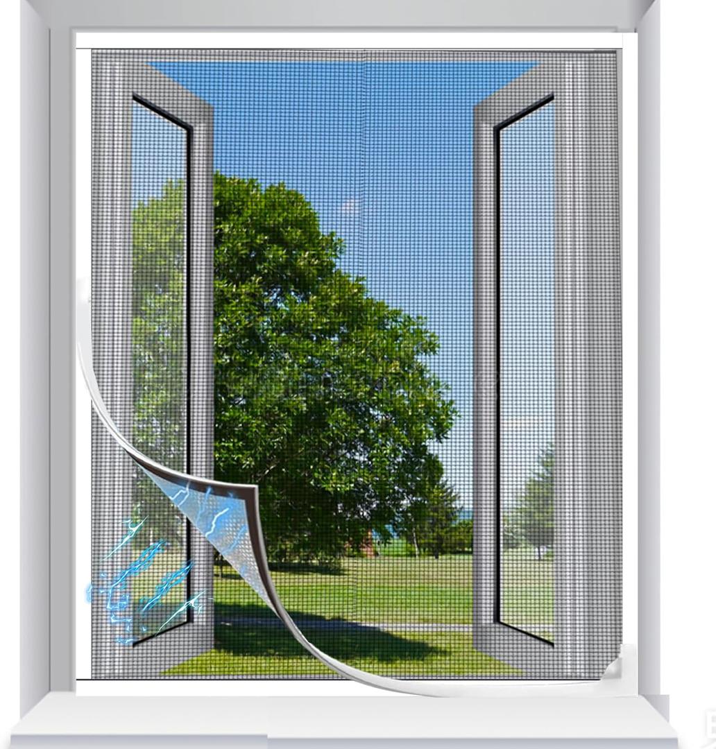 Magnetic Window Screen, Adjustable DIY Window Screen Mesh with White Frame Max 32 x 24 Fiberglass Mesh Fits Any Size Smaller for House Windows