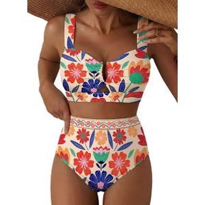 Herseas Women's 2 Piece U Wire Cutout Bikini Sets Floral Print High Waisted Swimsuit 2026 Summer Beach Swim Bathing Suit (XXL)