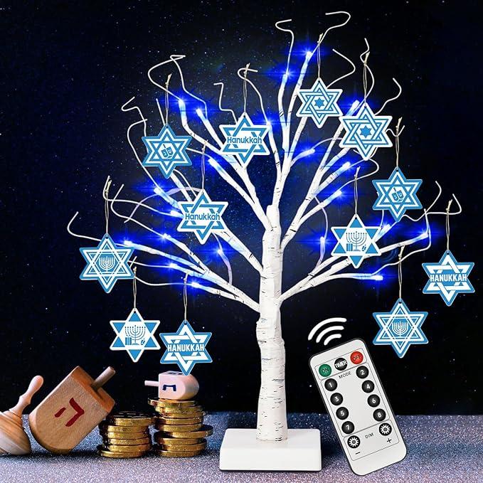 [Timer] 24'' Hanukkah LED Lighted Birch Tree with 12pcs Ornaments,8 Lighting Modes Blue Lights Tabletop Pre Lit Tree Light for Christmas Hanukkah Decor
