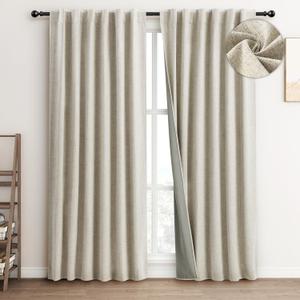 FLORECORD 100% Blackout Linen Curtains 52 Inch Wide x 63 Inch Long 2 Panels Set Thermal Insulated Textured Black Out Darkening Drapes for Bedroom Living Room Hook Belt/Back Tab/Rod Pocket, Beige