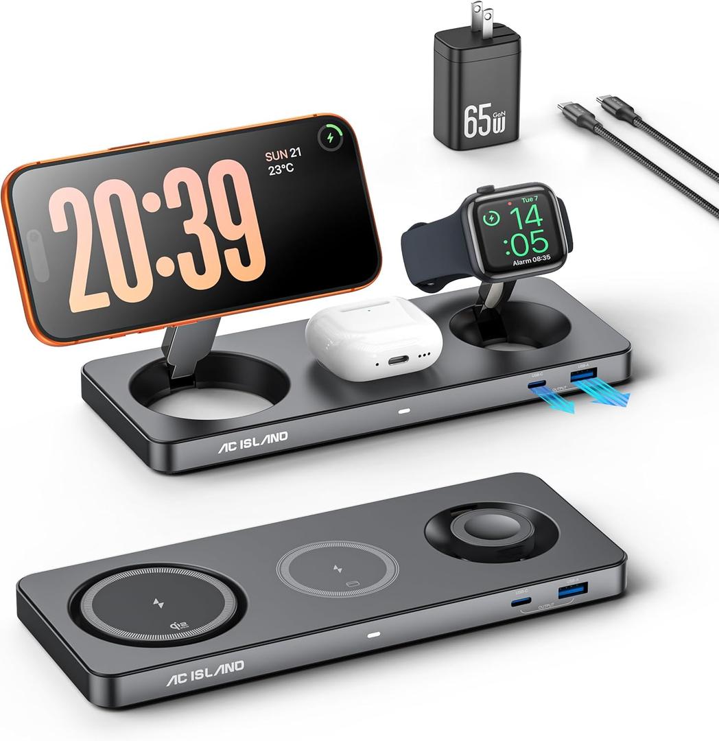 AC ISLAND 5in1 Qi2.2 Wireless Charger for MagSafe, 25W Foldable Magnetic Stand, Travel Charging Station for iPhone 1712 & Air Series, Apple Watch, AirPods, with 65W GaN Adapter (Gray, for Apple)