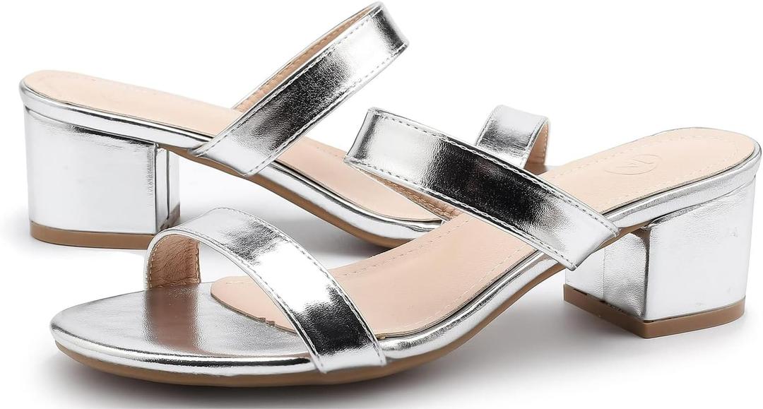 kkdom Round Toe Chunky Heels Sandals-Clear Nude Black Short Heels Two Strap Leather Mule Sandals Slip On Block Heels for Party Dating Daily Work (5.5, Silver)