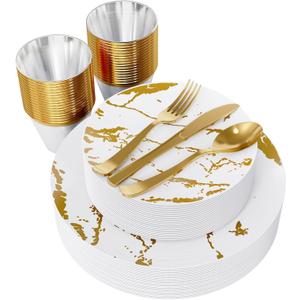 JOLLY PARTY 180PCS Disposable Dinnerware Set 30 Guest, 60 White and Gold Plastic Plates, 30 Plastic Silverware, 30 Cups, Marble Design Disposable Dinnerware for Wedding, Thanksgiving and Parties
