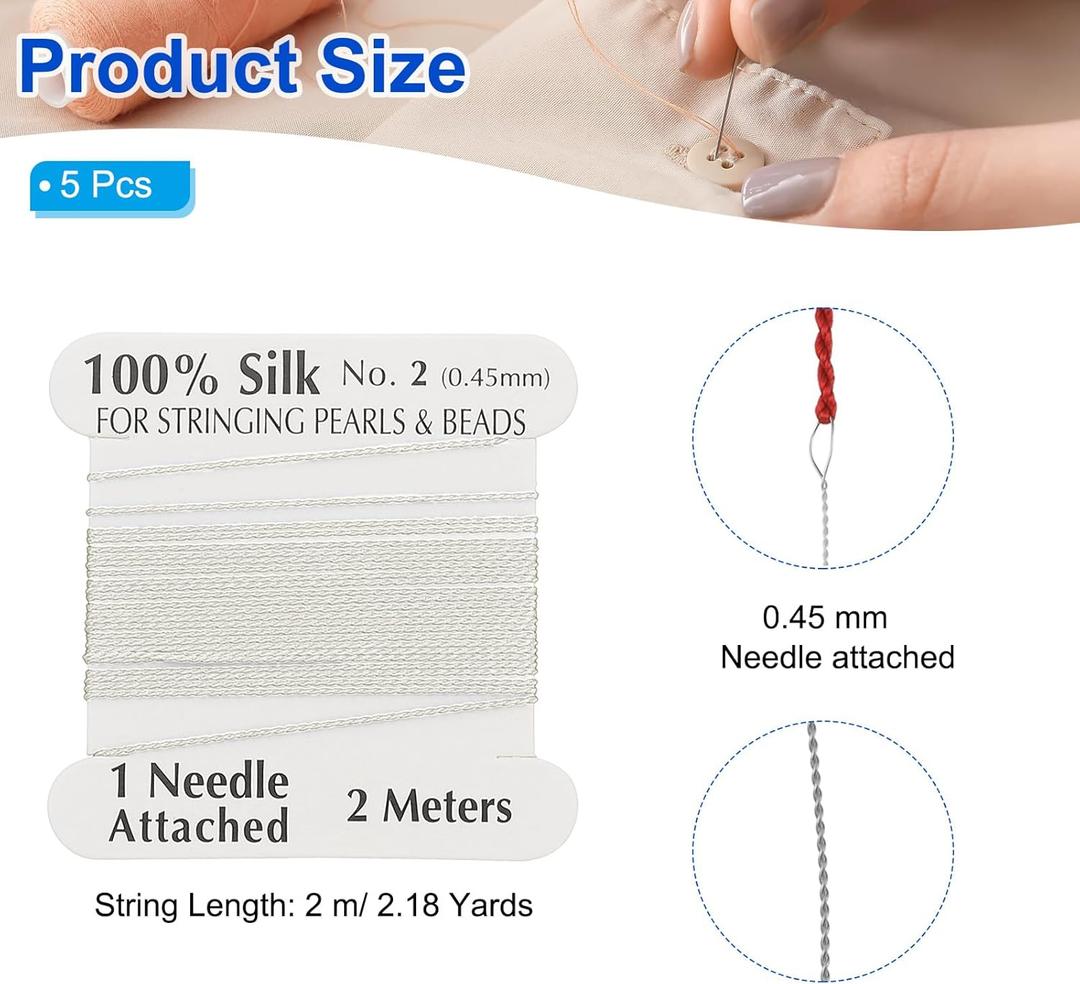 PATIKIL Silk Cord Thread, 4 Pcs Pure Silk Beading Thread Cord Size 0.45 mm with The Knotting Pearls Needle Attached, White