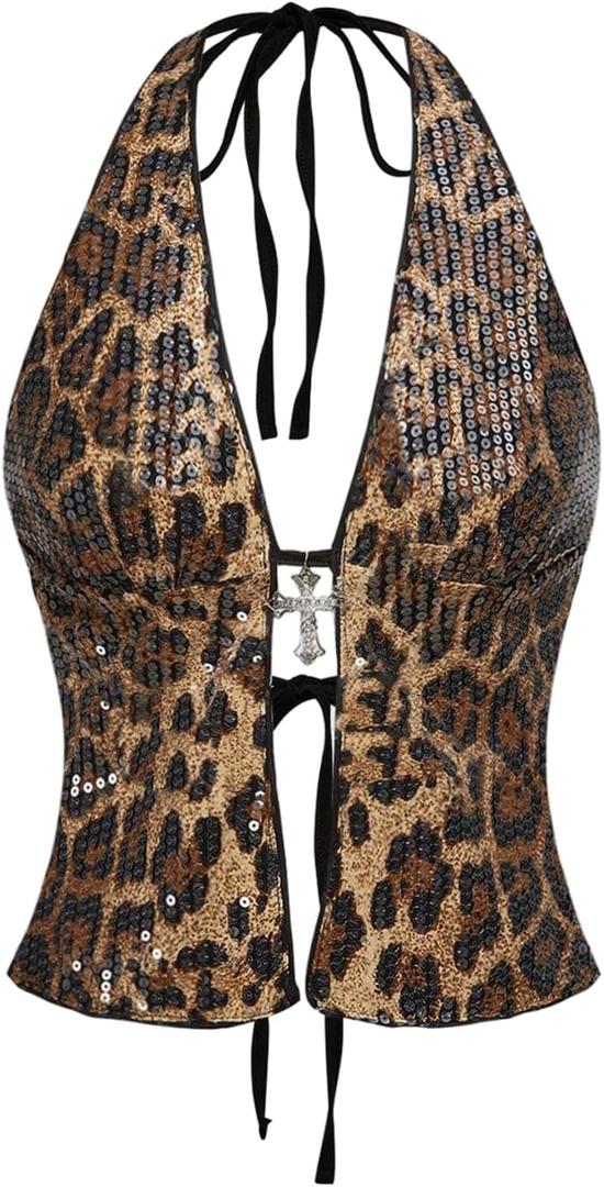 Verdusa Women's Lerpard Print Sequin Halter Top Rave Club Date Night Going Out Corset Tops (XL)