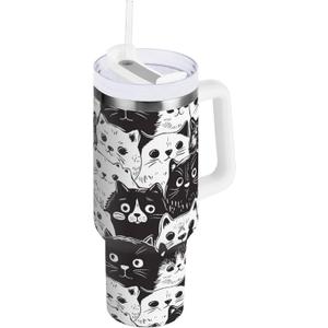 40oz Tumbler Black and White Cats Insulated Coffee Cup Stainless Steel Travel Mug Car Water Bottle with Lid Straw Handle (A003661)
