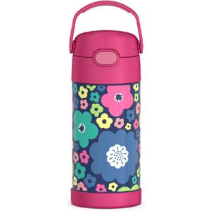 THERMOS FUNTAINER Water Bottle with Straw - 12 Ounce - Kids Stainless Steel Vacuum Insulated Water Bottle with Lid, Mod Flowers (12 Ounces)