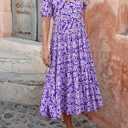 PRETTYGARDEN Puff Short Sleeve Cewneck Floral Long Fall Dresses for Women 2025 Flowy Tiered Hem Maxi Wedding Guest Dress (Purple, S)