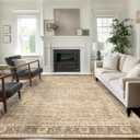 6x9 Beige Washable Rug for Living Room Large Vintage Distressed Bedroom Rug Low Pile Non-Slip Soft Boho Carpets for Bedroom Dining Room Home Office Indoor Nursery