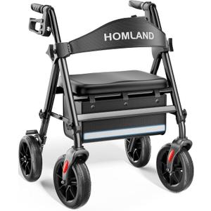 HOMLAND Rollator Walker for Seniors with Seat, Foldable Lightweight Aluminum Rolling Walker, 8" All-Terrain Wheels, Adjustable Height, Storage Bag & Hand Brakes, Ergonomic Indoor Outdoor Aid, Black