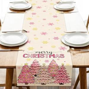 Croar Merry Christmas Tree Pink Dining Table Runner, Xmas Pine Trees Gold Snowflake Burlap Kitchen Decoration, Winter Holiday Indoor Outdoor Home Decor Party Supply 13 x 72 Inches, Pack Of 2