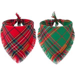 ADOGGYGO 2 Pack Dog Bandana Christmas with Tassels Edges, Stylish Red Green Plaid Pet Scarf Bibs Kerchief, Premium Cotton Fabric, Pet Christmas Bandanas for Medium Large Dogs (Large)
