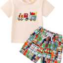 Toddler Boy Back to School Outfit First Day of School Shirt+Striped Shorts Summer Clothes Set (White)