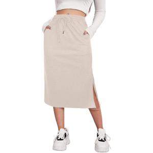 SOFIA'S CHOICE Midi Skirts for Women Drawstring High Waist Split Slit Skirt with Pockets Light Khaki Large (Beige, Large)