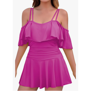 COCOPEAR Women's One Piece Flounce Swimsuit Off Shoulder Bathing Suit Tummy Control Swimdress Pink, 3XL