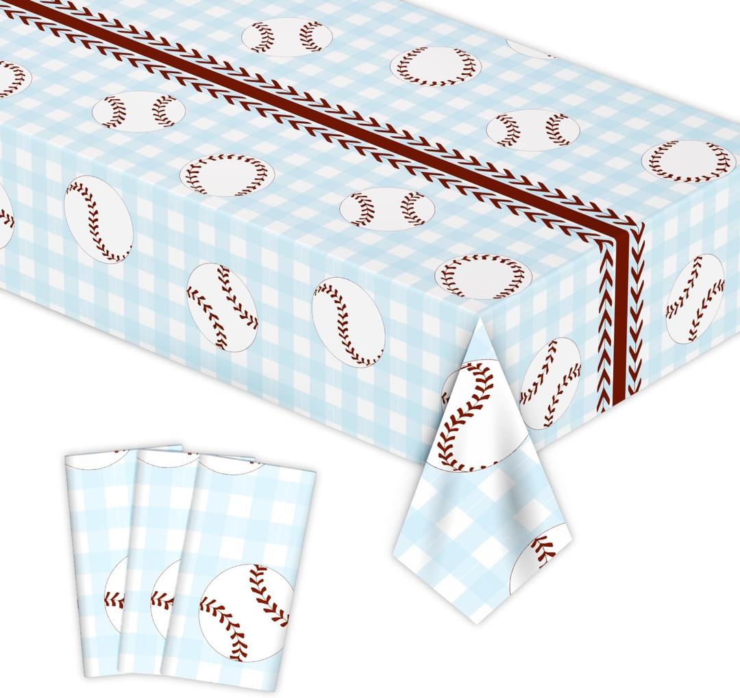 3 x 3pcs Baseball Tablecloths Blue Checkered Gingham Birthday Party Disposable Plastic Table Cloths Rectangle Waterproof for Baseball Sports Party Decorations 54"x108" (Red Baseball, 54" x 108")