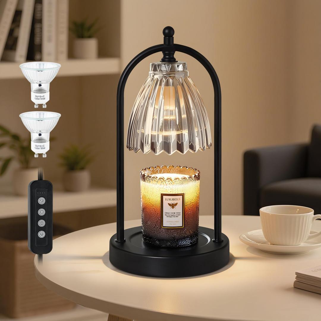 GyroVu Candle Warmer Lamp with Timer, 3-Level Dimmable Candle Lamps Vintage Glass Shade, Candle Warmer Light Wax Melt Warmer for Scented Wax, Black Warmer Lamp for Women Home Decor (2 Bulbs Included)