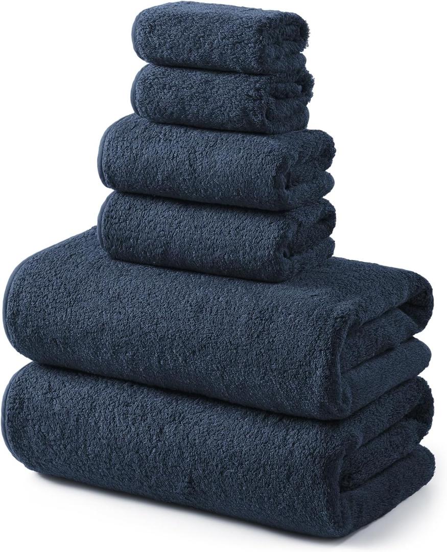 REDKISS Large Bath Towels Set - Premium Quality, Soft, 100% Cotton Towels for Bathroom, Spa - Includes 2 Bath Towels, 2 Hand & 2 Washcloths, Super Absorbent Quick Dry Towel (6 Piece Set) - Navy Blue, 27 inches x 59 inches