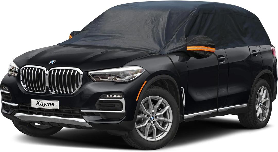 Kayme Half Car Cover, Windshield Cover for Ice and Snow Top with Reflective Straps, Roof Cover Waterproof All Weather Dust, Sun Protection. Front Rear Window Cover Fit SUV. YXL (158'' to 167'')