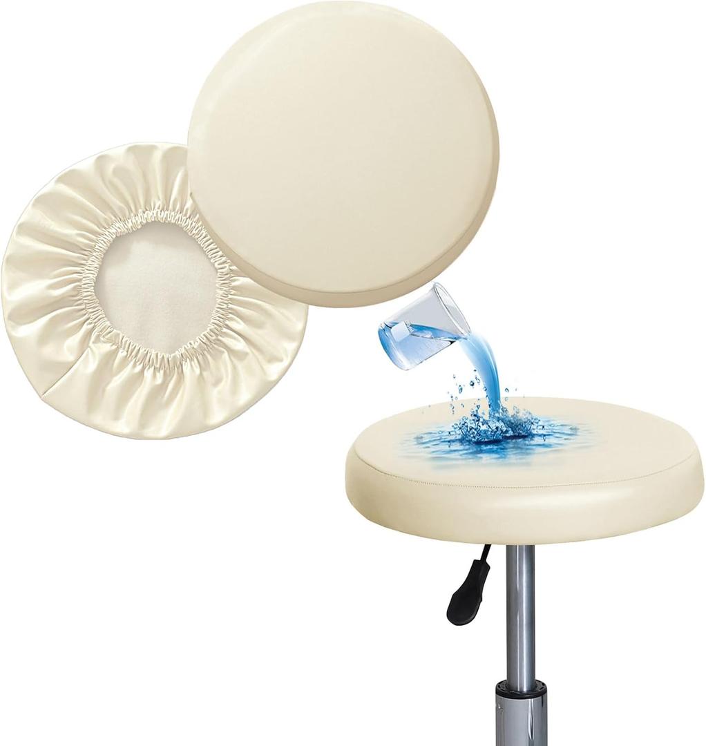 Shukii Stool Covers - 2 Pack PU Slipcover with Elastic Cushion for Round Bar Stool and Chair (XL (16"-18") 2 Counts, Beige)