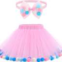 Tradder Tutu Skirt for Toddler Girl Colorful Floating Pom Pom Tulle Skirt Bow Headband Birthday Tutu Outfit Princess Ballet Dress(18-24 Months) Pink