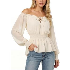 Scarlet Darkness Women's Renaissance Shirt Peasant Off Shoulder Tops Smocked Waist Long Sleeve Blouse, XL