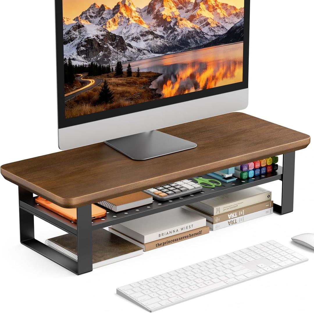 Monitor Stand Riser, 24 Inch Computer Monitor Stand for Desk, 2-Tier Wood Desk Shelf Organizer with Storage, Desktop Stand for Laptop/Screen/PC/Printer, Ergonomic Home Office Monitor Stand