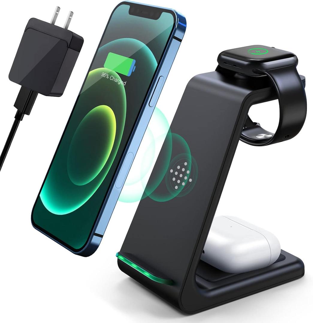 3 in 1 Wireless Charging Station, 2025 Upgraded Fast Desk Charger Station for iPhone 16 15 14 13 12 Pro Max Plus, Charger Stand for Apple Watch 10 9 8 7 6 5 4 3 2 SE, Airpods 4 3 2 Pro(Black) (B-Black)
