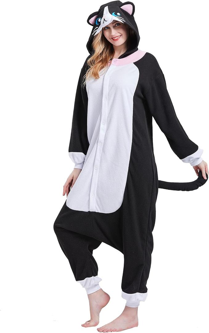 Skeleton Adult Animal Onesie Pajamas Unisex Fleece Cosplay Costume Sleepwear for Halloween & Home Wear (Black Cat, XL)