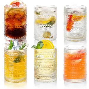 Hobnail Drinking Glasses Set of 6, 16 Oz Vintage Embossed Glass Cup Water Glasses Kitchen Glassware for Cocktails, Beer, Juice, Whiskey