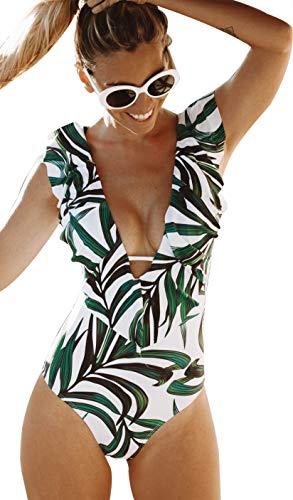SPORLIKE Women One Piece Swimsuit V-Neck Ruffle Bathing Suit Monokini(Leaves/White,Size S)