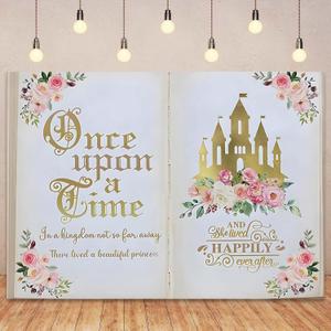 Once Upon a Time Backdrops Fairy Tale Books Backdrop Pink Floral Gold Castle Princess Fairytale Birthday Party Decor Princess Romantic Wedding Birthday Party Magic Book Background Banner Props 7x5FT