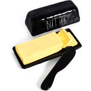 TP Butter Dish with Lid, Melamine Butter Holder for Countertop with Knife, Butter Keeper Container with Cover, Unbreakable Durable Dishwasher Safe, Black