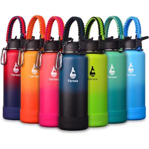 Farsea Insulated Water Bottle With Paracord Handle, Protective Silicone Boot and 2 Lids (Straw Lid & Spout Lid), Stainless Steel Water Bottle Wide Mouth, Double Wall Sweat-Proof BPA-Free, 40 oz