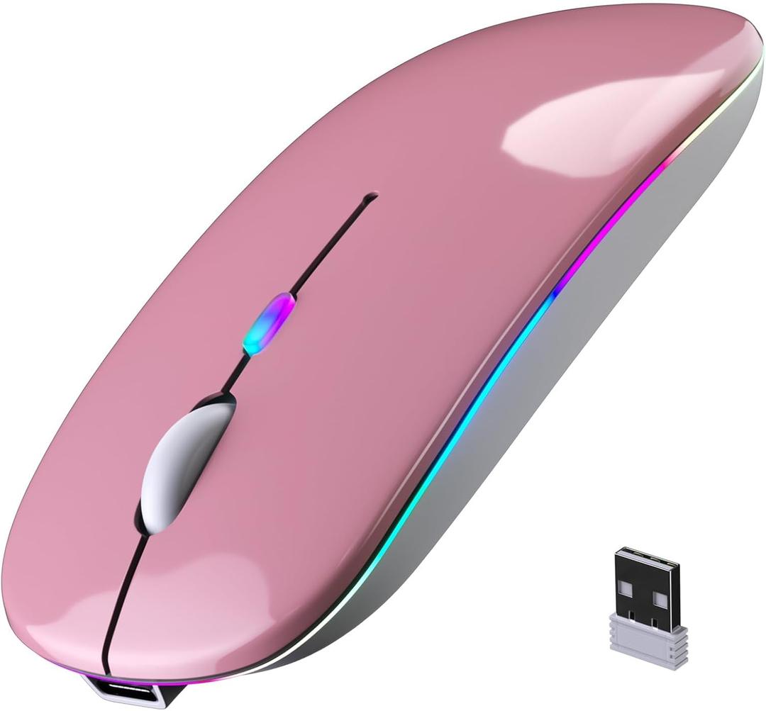 Wireless Bluetooth Mouse, Rechargeable, LED, Silent, Ultra-thin Design (Bluetooth 5.2 and 2.4GHz USB Receiver) | Portable Computer Mouse for Laptops, iPads, MacBooks and Apple Devices (Rose gold)