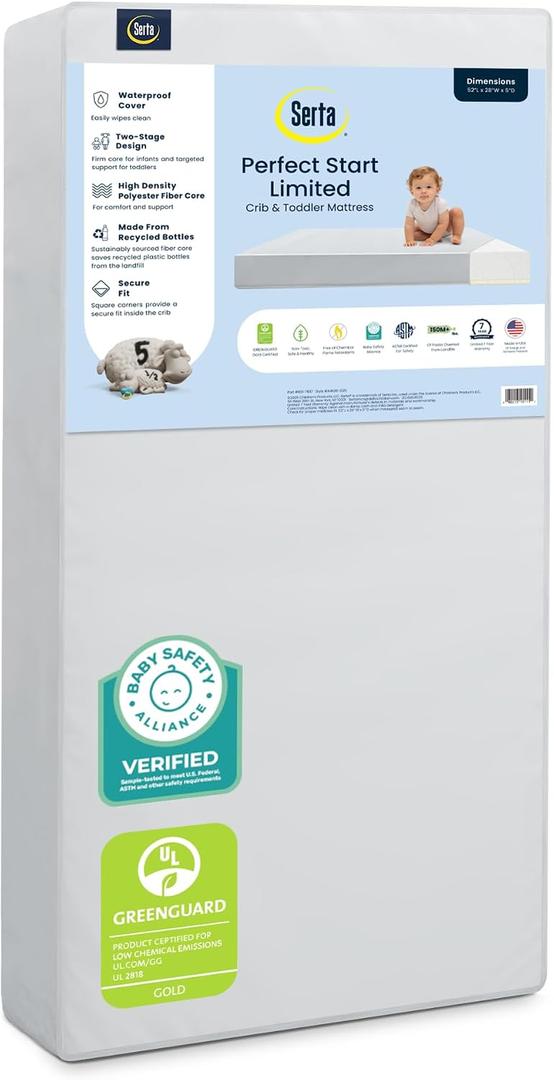 Serta Perfect Start Limited Dual Sided Baby Crib Mattress and Toddler Mattress, Breathable Fiber Core, GREENGUARD Gold Certified, Waterproof,  Made in USA
