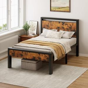 Sweetcrispy Twin 14 Inch Bed Frame with Wood Headboard, Rustic Brown