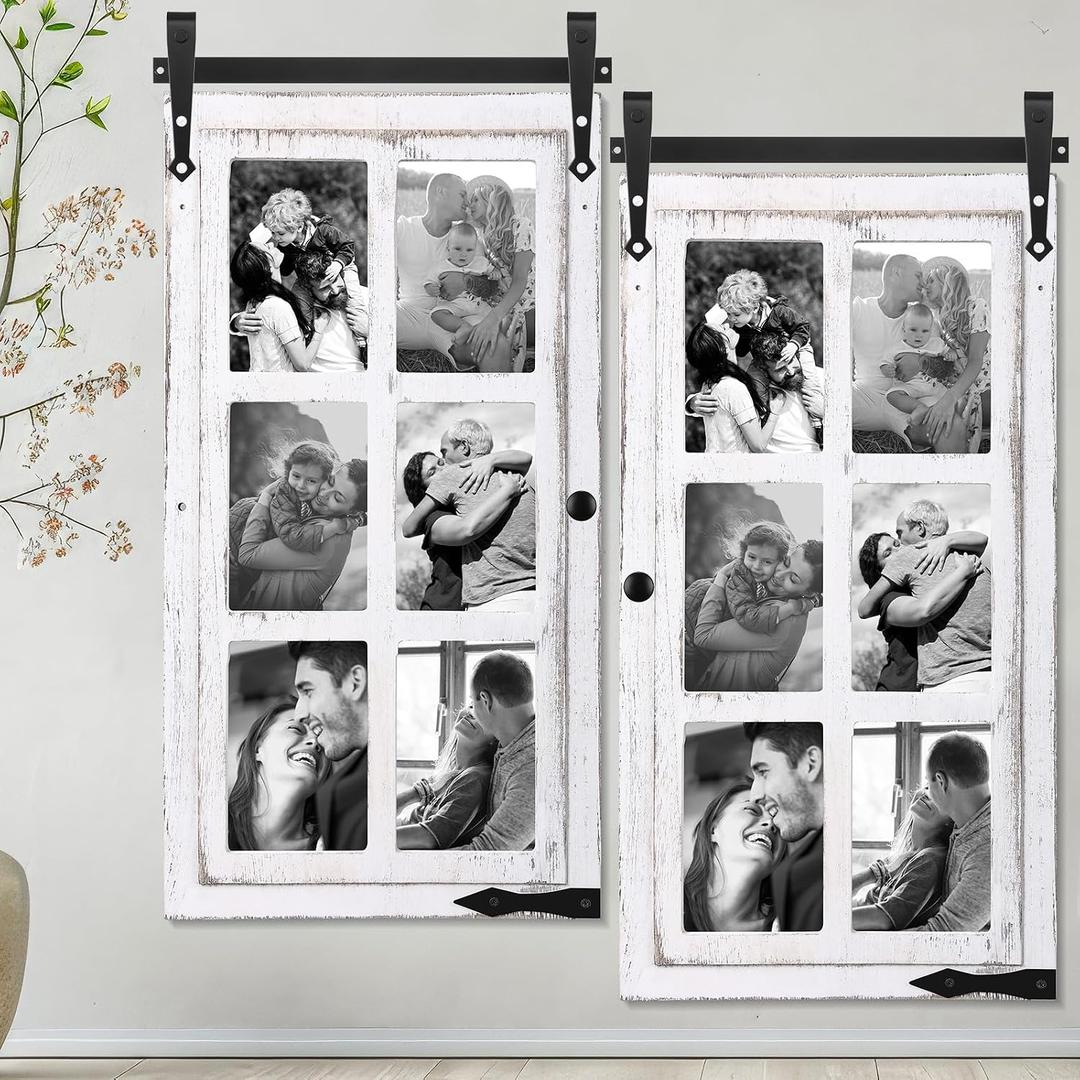 Sintuff 2 Sets Picture Frame Collage Fit 4x6 Photo Multi 6 Opening White Wooden Barn Door Window Farmhouse Picture Frame Collage for Living Room Bedroom Wall Decor