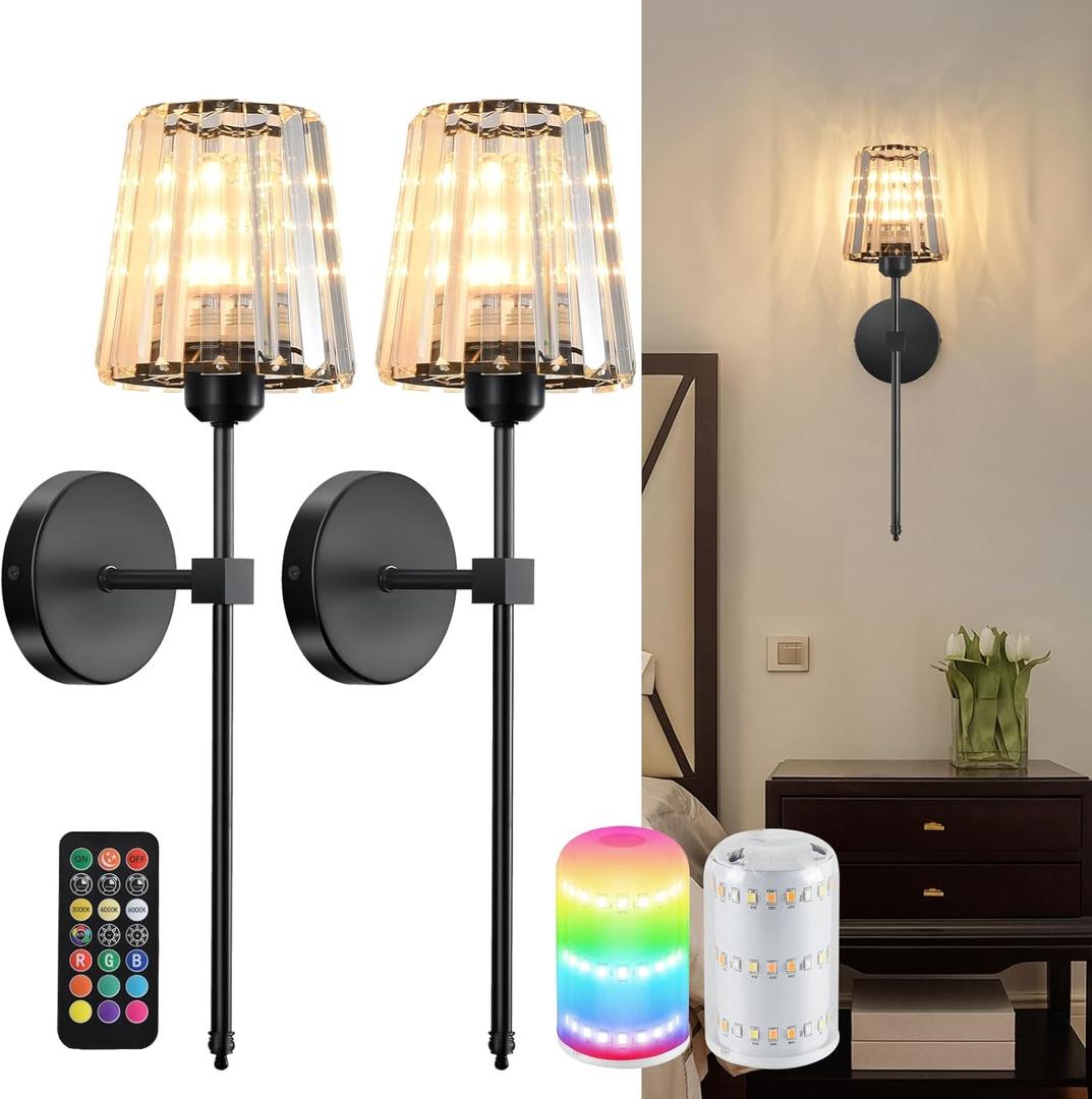 Battery Operated Crystal Wall Sconces Set of 2, Black Wireless Wall Sconce with USB Rechargeable LED Light Bulbs 12 Colors Dimmable Crystal Wall Lamp with Remote for Bedroom Living Room Bulbs Included