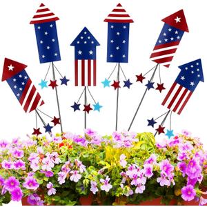 6 Pcs 12" H Metal Barn Garden Stake 4th of July American Yard Sign Patriotic USA Flag Yard Sign for Planter Pot Walkway Pathway Independence Day Outdoor Decor 4th of July Decoration(Fireworks)