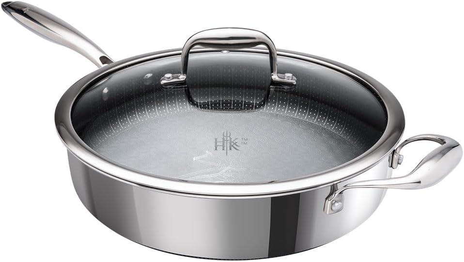 Hell's Kitchen Hybrid 4 Qt Saut Pan and lid, Tri-Clad Stainless Steel and Nonstick Ceramic, PFAS Free, no PFOA, no PTFE, no Teflon, Non Toxic Cookware, Metal Utensil Safe, All Cooktops and Oven Safe